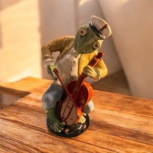 Vintage Majolica Pottery Frogs Playing French Cello Figurine Made In Italy